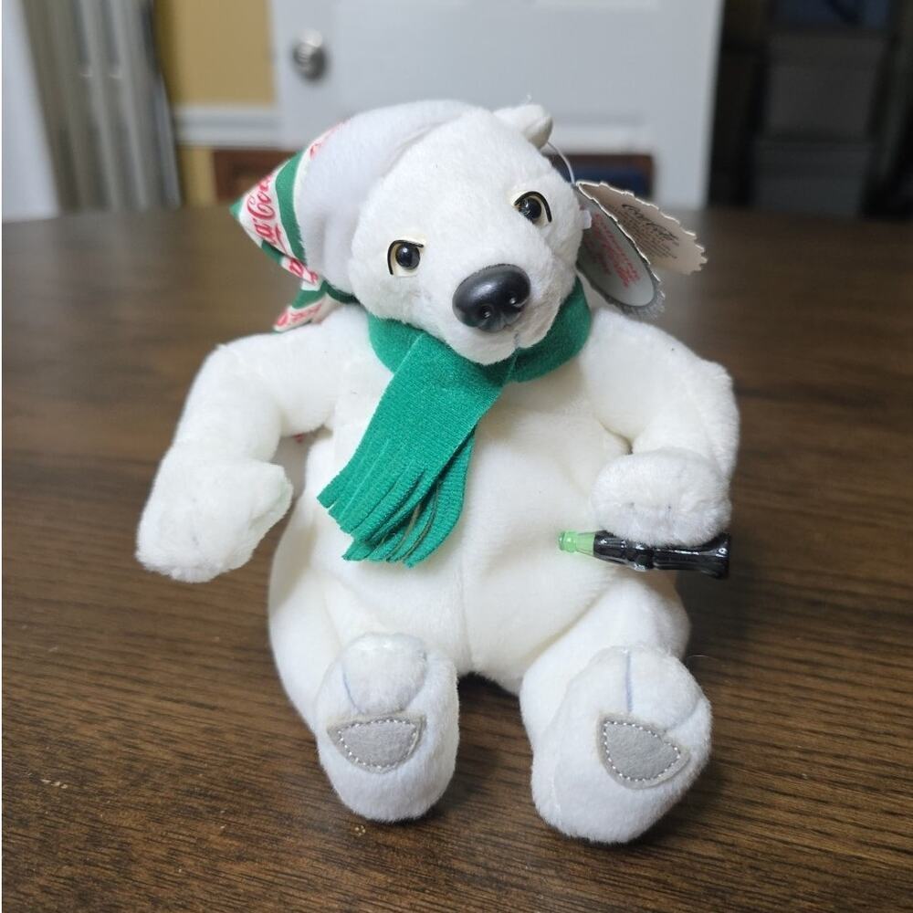 Vintage Coca Cola Polar Bear Plush Bean Bag Green Scarf Stocking Cap With Tag H1